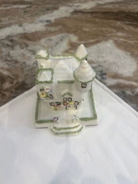 Porcelain Miniature Cottage with Green Trim and Floral Accents